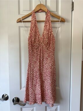 Reformation Cream Halter Mini Dress with Red Dot Print